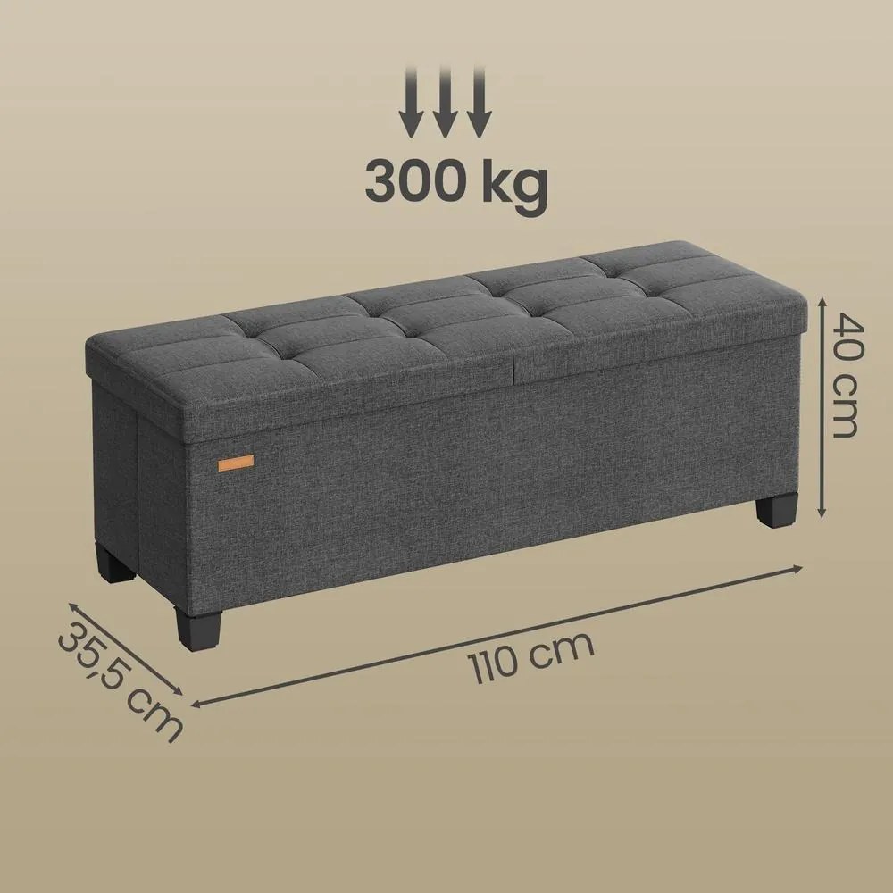 Banco com espaço de arrumação 38 x 110 x 40 cm, baú dobrável com tampa articulada, quarto e sala de estar, efeito de linho cinzento