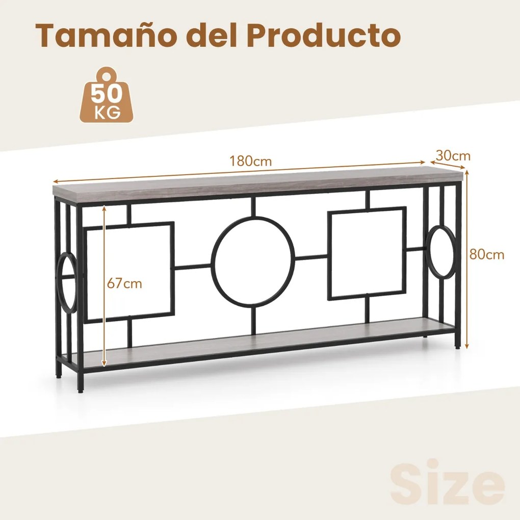 Mesa de consola moderna de 2 níveis 180 x 30 x 80 cm Mesa de entrada estreit com estrutura metálica Mesa de apoio rústica com estante Castanho