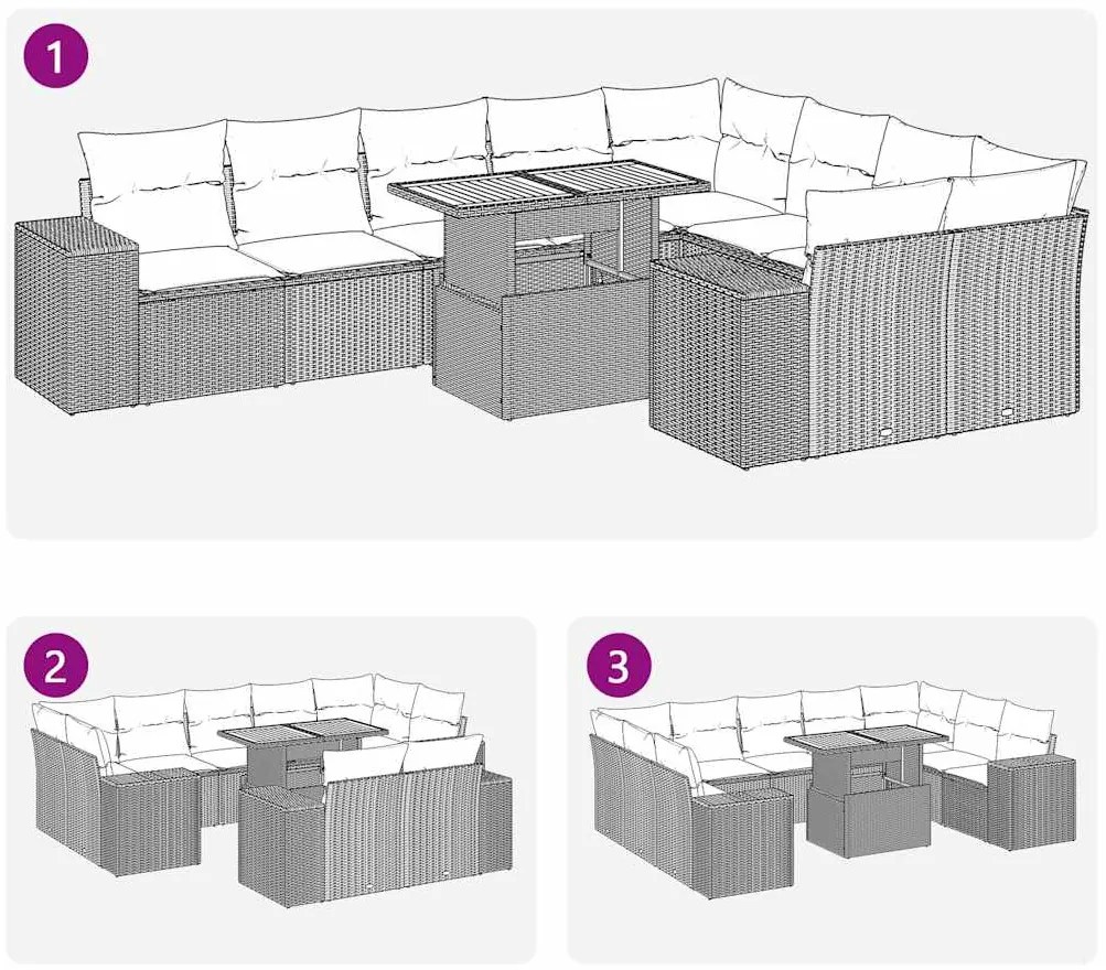 10 pcs conjunto sofás jardim almofadões vime PE/acácia cinzento