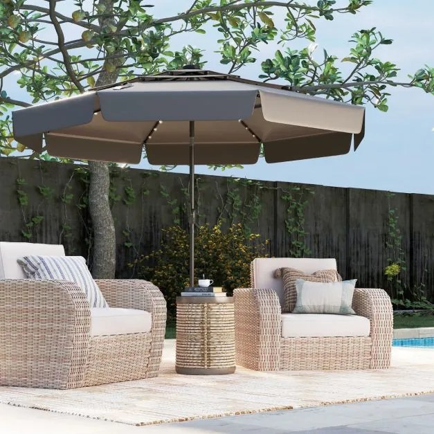 Guarda-sol solar de 300 cm com 32 luzes LED, parte superior ventilada com 3 níveis e ajuste de inclinação - cinzento
