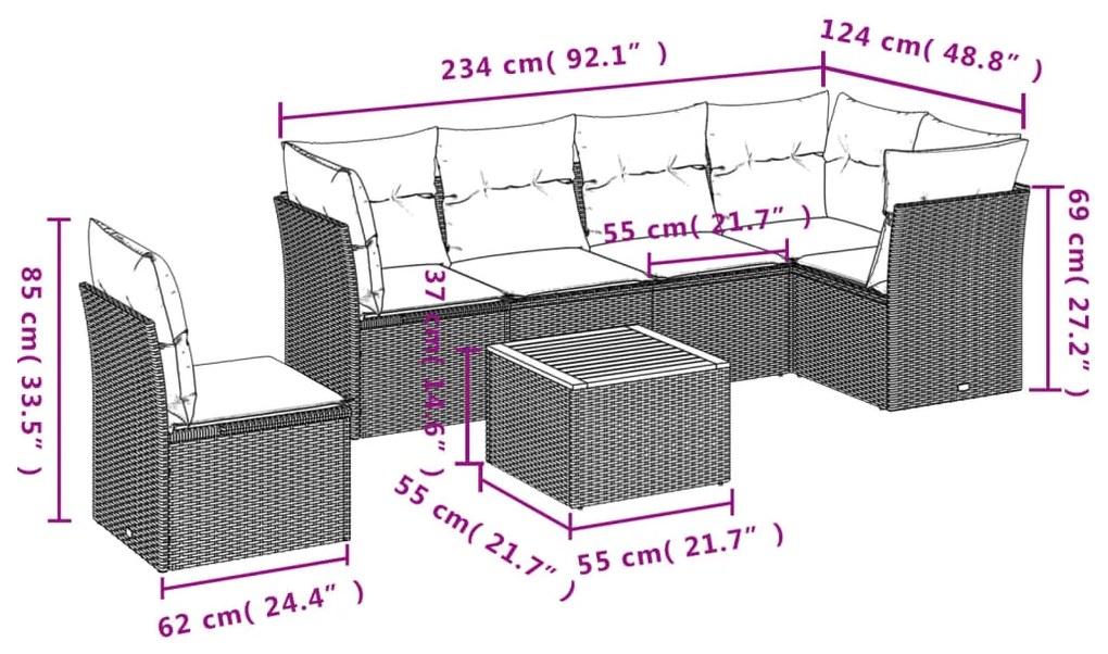7 pcs conjunto de sofás p/ jardim com almofadões vime PE bege