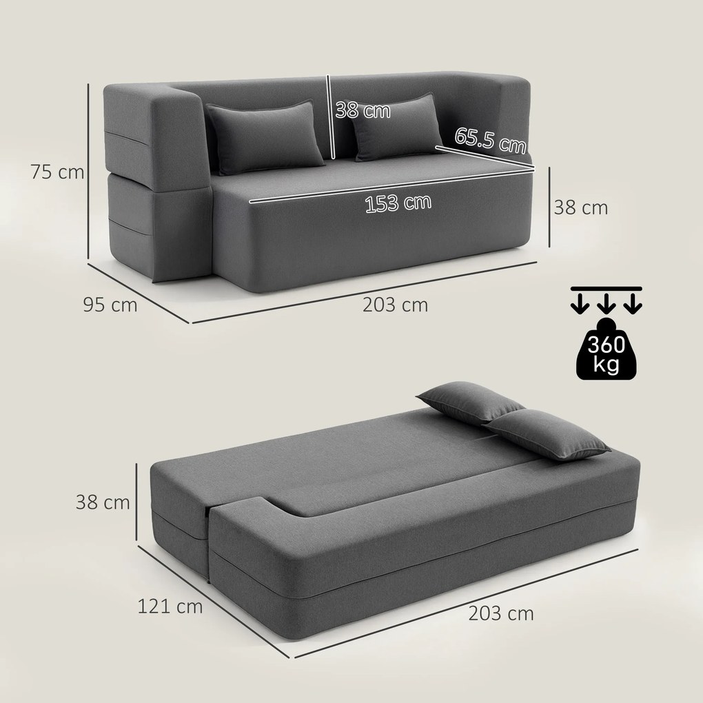 Sofá-cama de 2 Lugares, 203 x 95 x 75 cm, Transformável em Cama de Casal, Cinzento