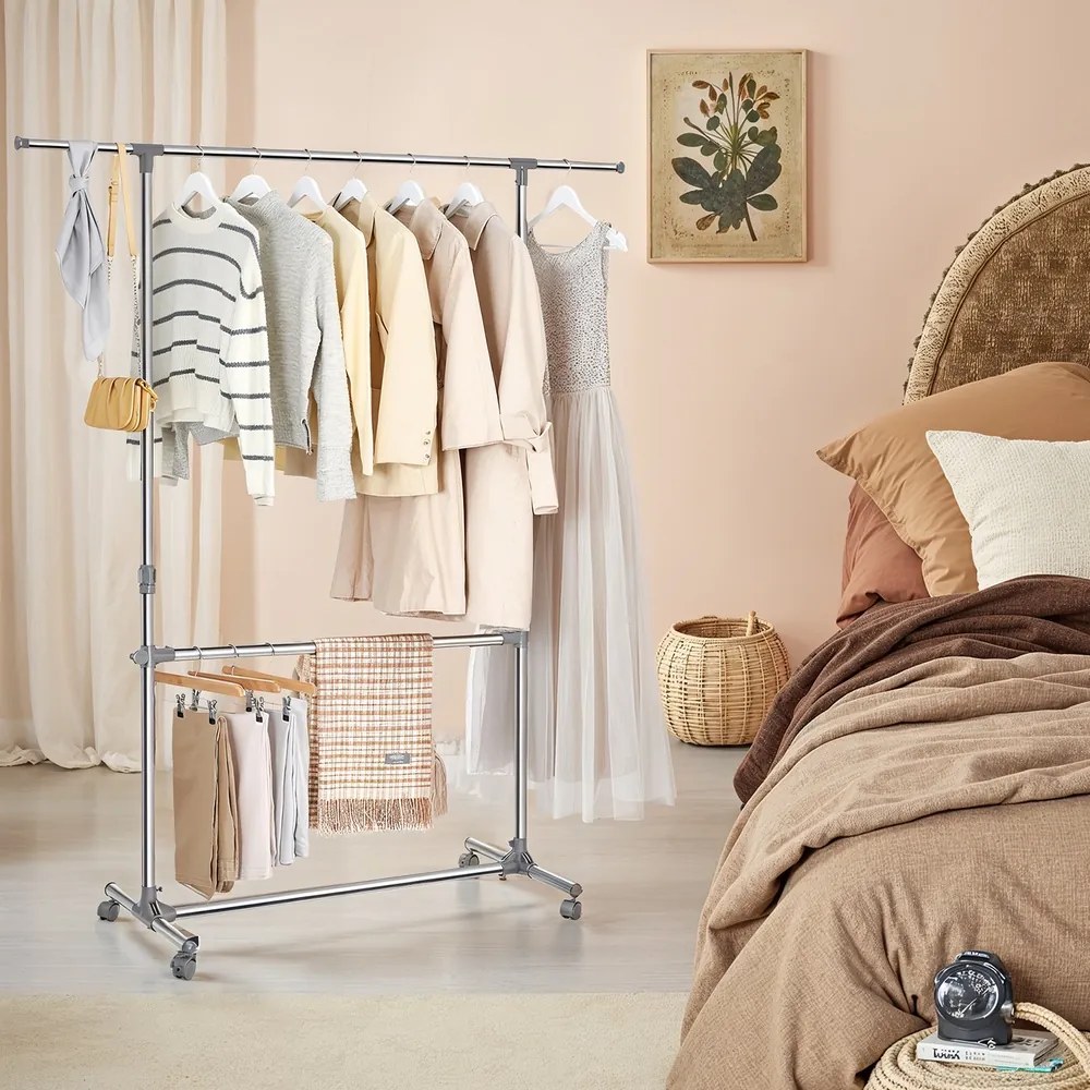 Guarda roupa aberto com rodas Ajustável em altura de 113 a 198 cm, aço inoxidável, cinza prateado