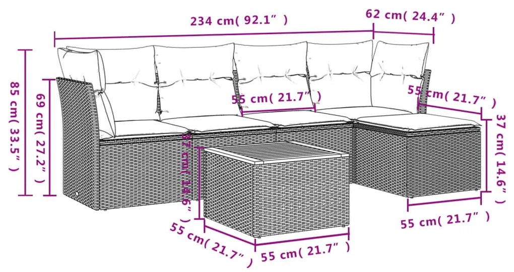 6 pcs conjunto sofás de jardim c/ almofadões vime PE preto