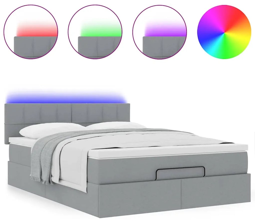 Cama Otomana com Colchão &amp; LEDs Cinzento Claro 140x190cm Tecido