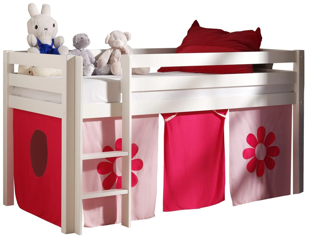 Conjunto Cama alta de Criança PINO 90 x 200 cm + estrado + escada + cortina Flores Branca