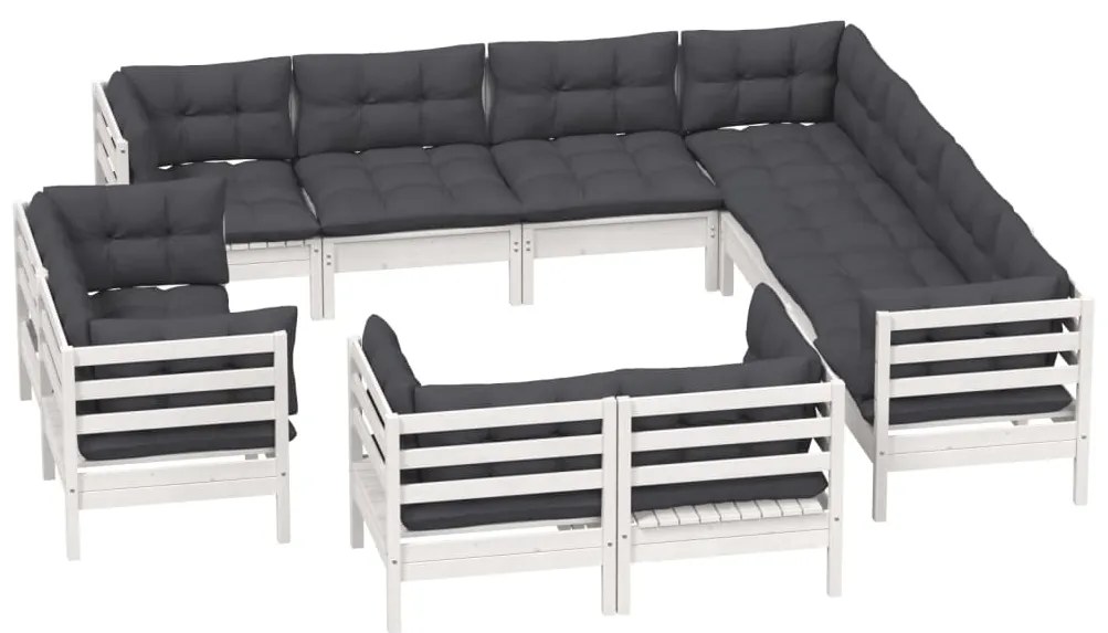 11 pcs conj. lounge de jardim c/ almofadões pinho maciço branco