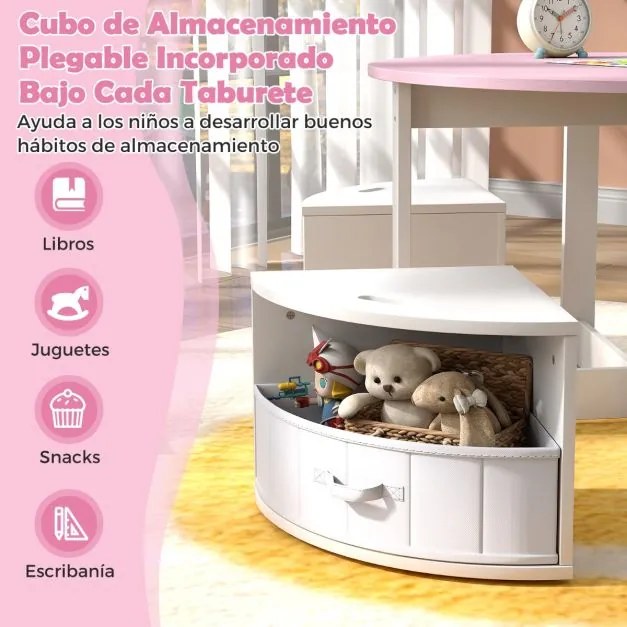 Conjunto de mesa redonda e 4 bancos com 4 caixas de tecido para atividades artísticas e de leitura para crianças Rosa