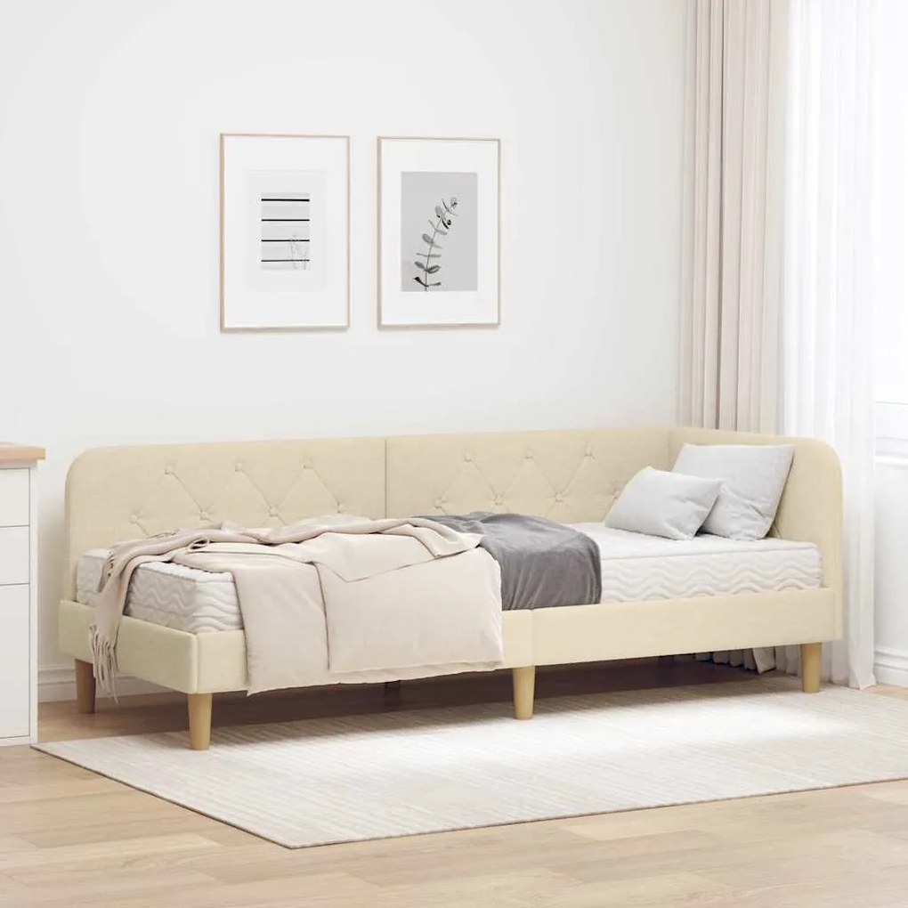 vidaXL Estrutura de Cama de Canto com colchão Creme 80 x 200 cm tecido