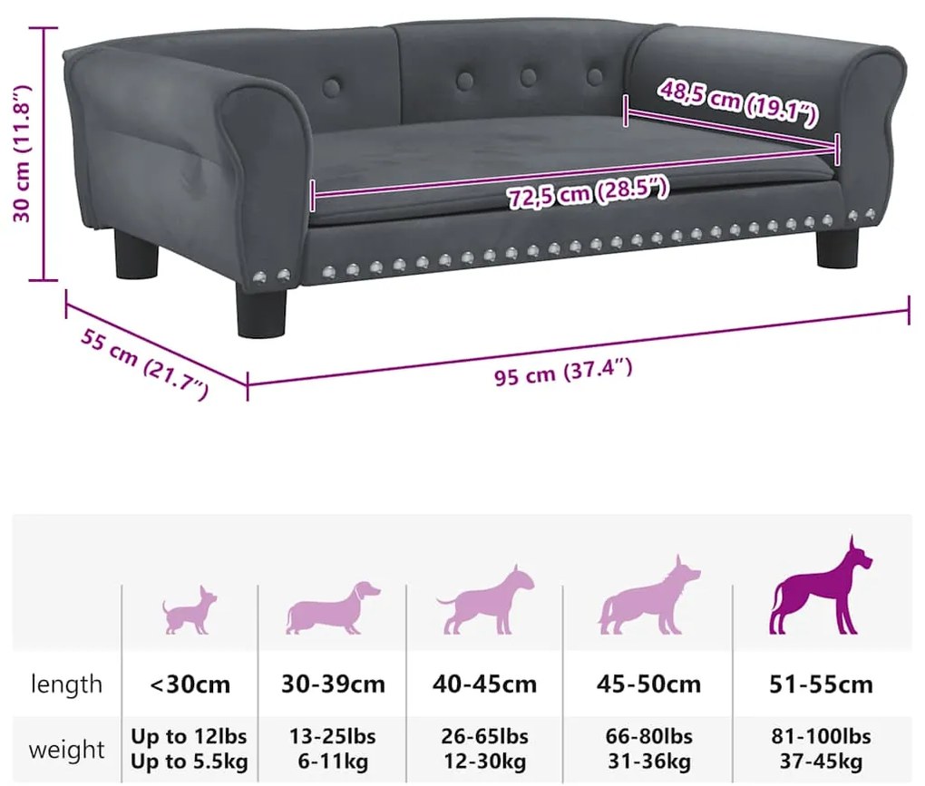 Cama para cães 95x55x30 cm veludo cinzento-escuro