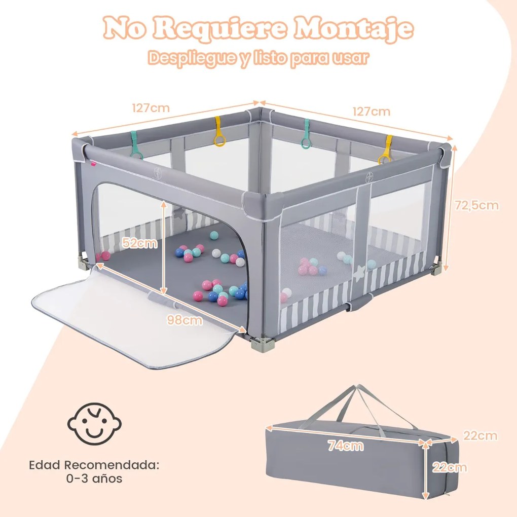 Parque infantil para bebés 127 x 127 x 72,5 cm. com 50 bolas oceânicas e 4 pegas, com porta com fecho de correr para 0-3 anos. Cinza escuro