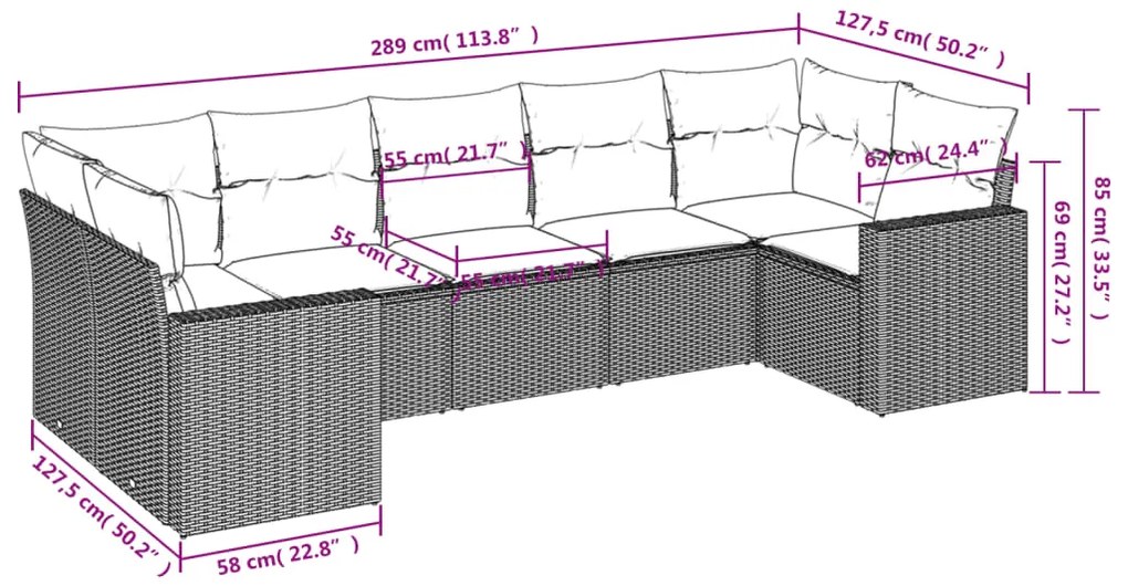 7 pcs conjunto sofás p/ jardim c/ almofadões vime PE cinzento