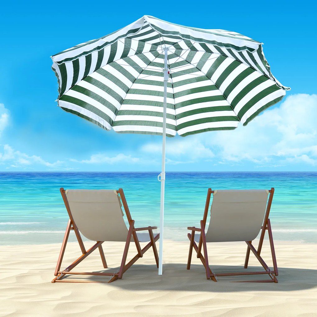 Chapéu de Sol de Praia Ø180cm com Teto Inclinável e Mastro de Metal Proteção Solar para Jardim Terraço Exterior Listras Verdes e Branco
