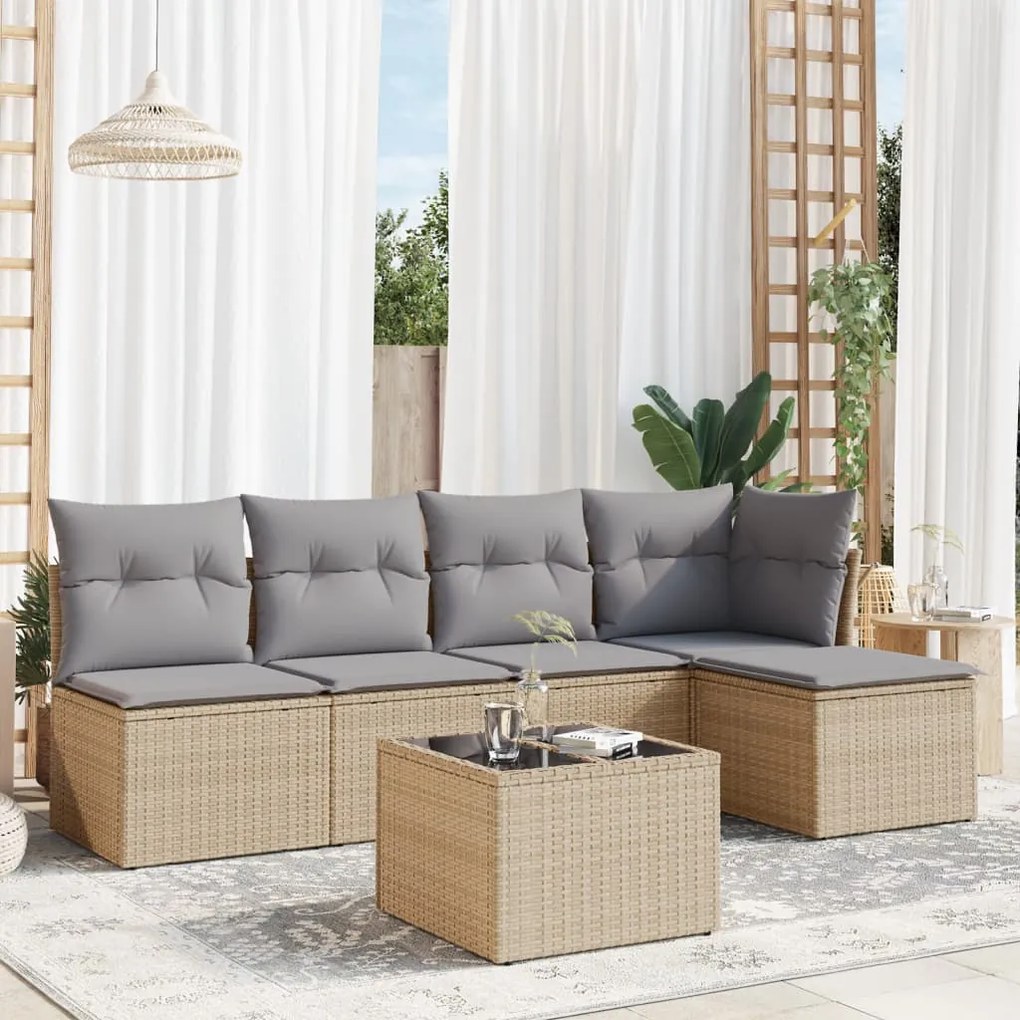 6 pcs conjunto de sofás p/ jardim com almofadões vime PE bege