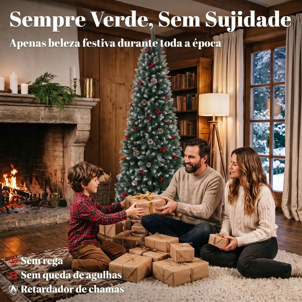 Árvore de Natal Nevada Tipo Lápis 210 cm Estreita com Bagas Vermelhas, Pinhas e 818 Pontas Verde