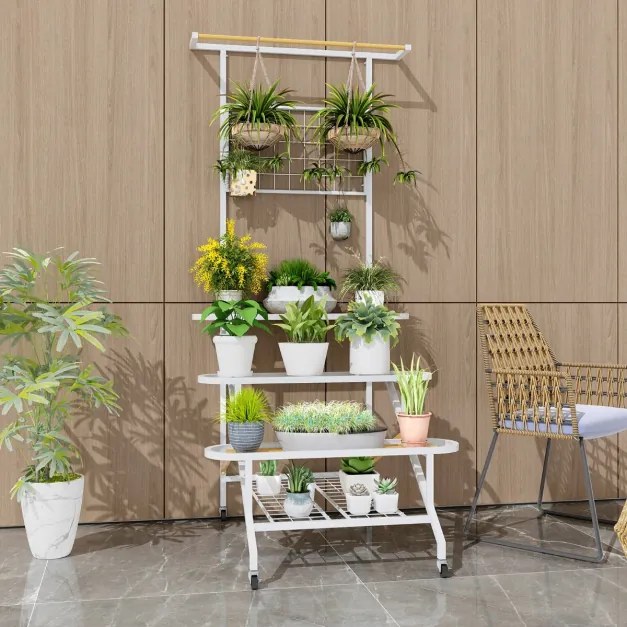 Estante para plantas de 4 níveis com estrutura metálica com rodas, escada e barra 80 x 85 x 175 cm para sala de estar, varanda e pátio Branco