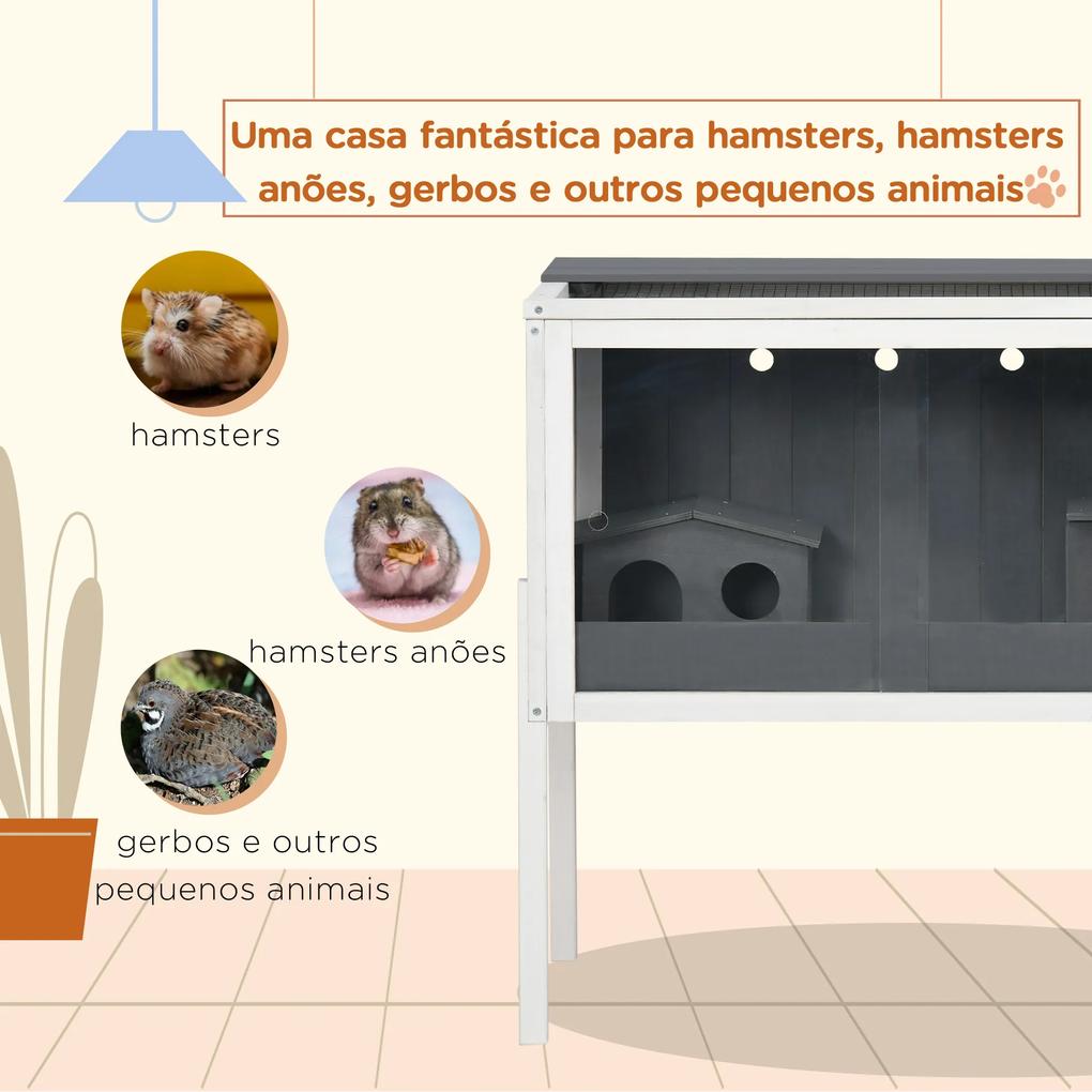 Gaiola para Hamster de Madeira 82x45x81cm Casa para Roedores com 2 Portas de Acrílico Prateleira Amovível 2 Casas para Animais Pequenos Cinza e Branco