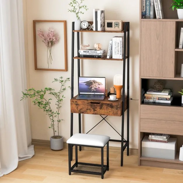 Toucador maquiagem em formato de escada com cadeiras de painel duplo, compartimentos ocultos e banco acolchoado Preto + Castanho Rústico