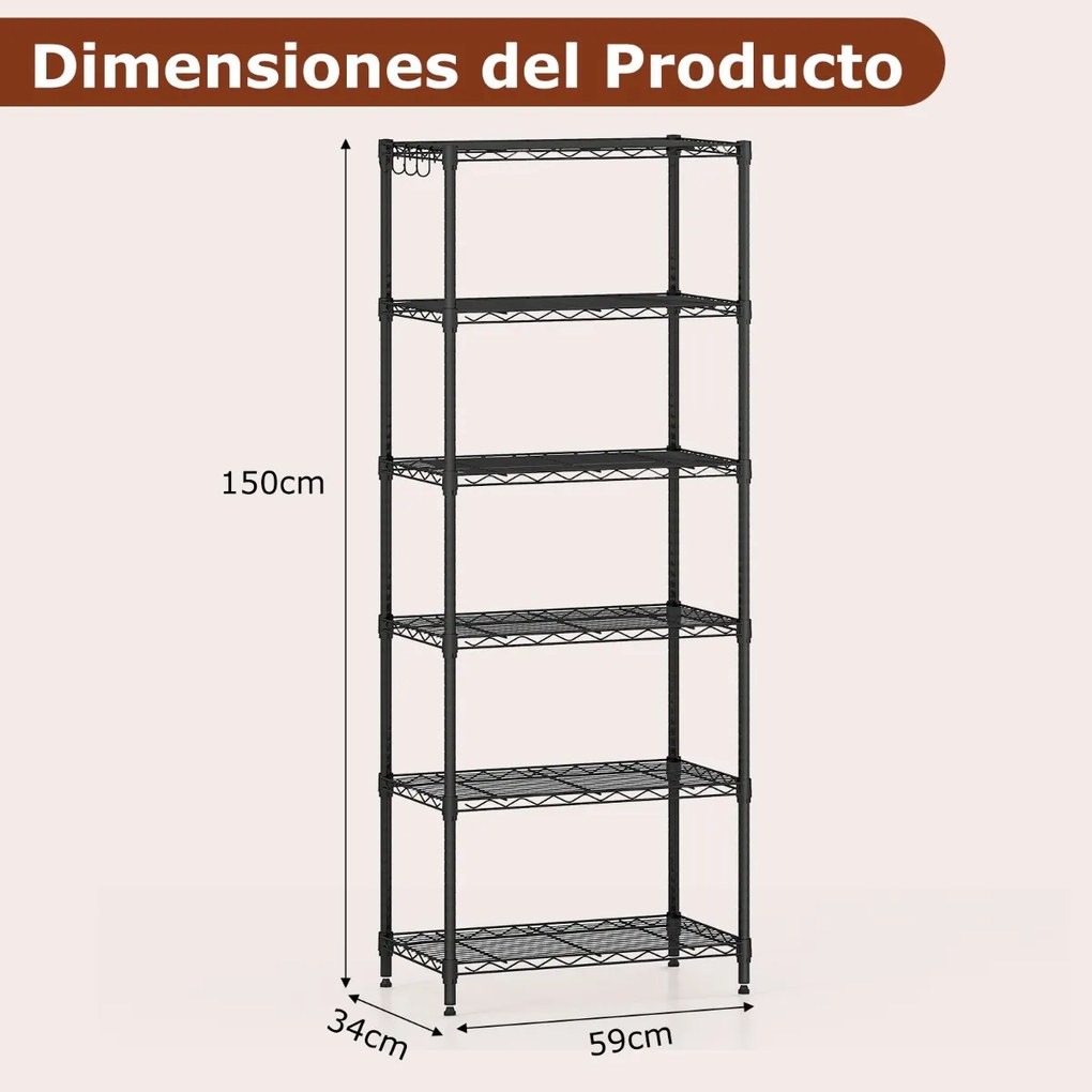 Estante metálica com 6 níveis ajustáveis 59 x 34 x 150 cm com grelha de arame com capacidade para 408 kg, para casa, cozinha, garagem e escritório Pre