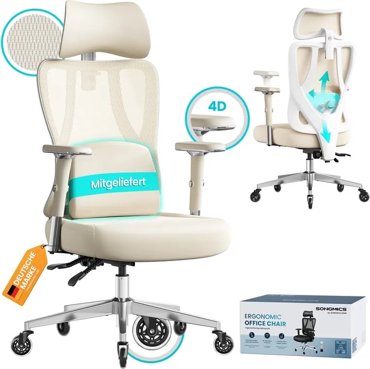 Cadeira de escritório ergonómica com apoio ajustável 70 x 70 x (112-136) cm, castanho-camelo e branco