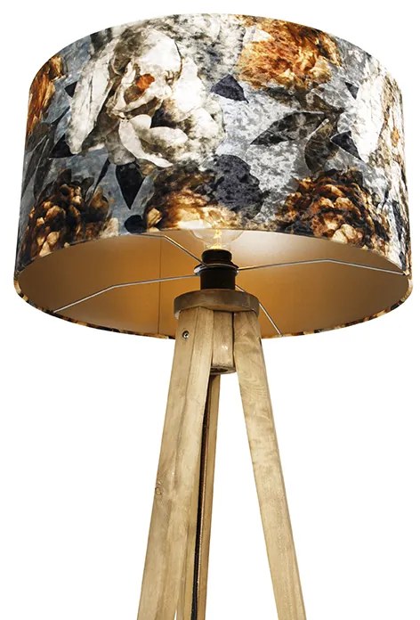 Candeeiro de pé vintage com abajur em madeira e design floral 50 cm - Tripod Classic Clássico / Antigo