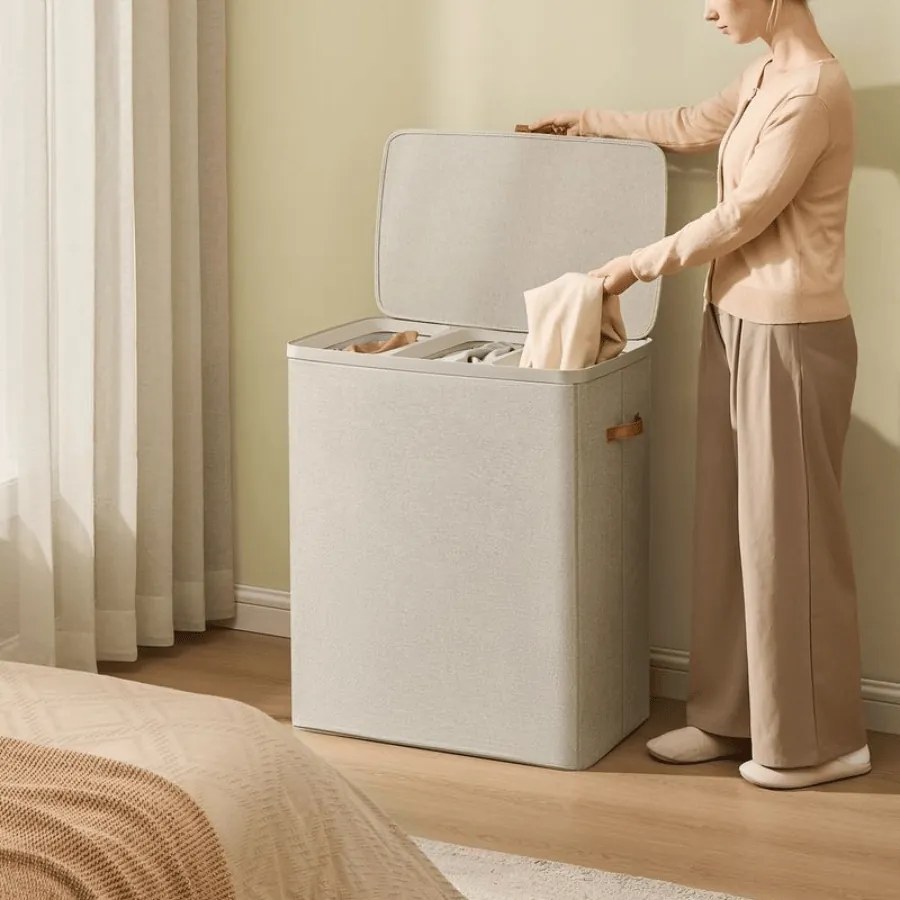 Cesto para roupa suja com 3 compartimentos, 190 l, 64 x 40 x 75 cm bege cappuccino