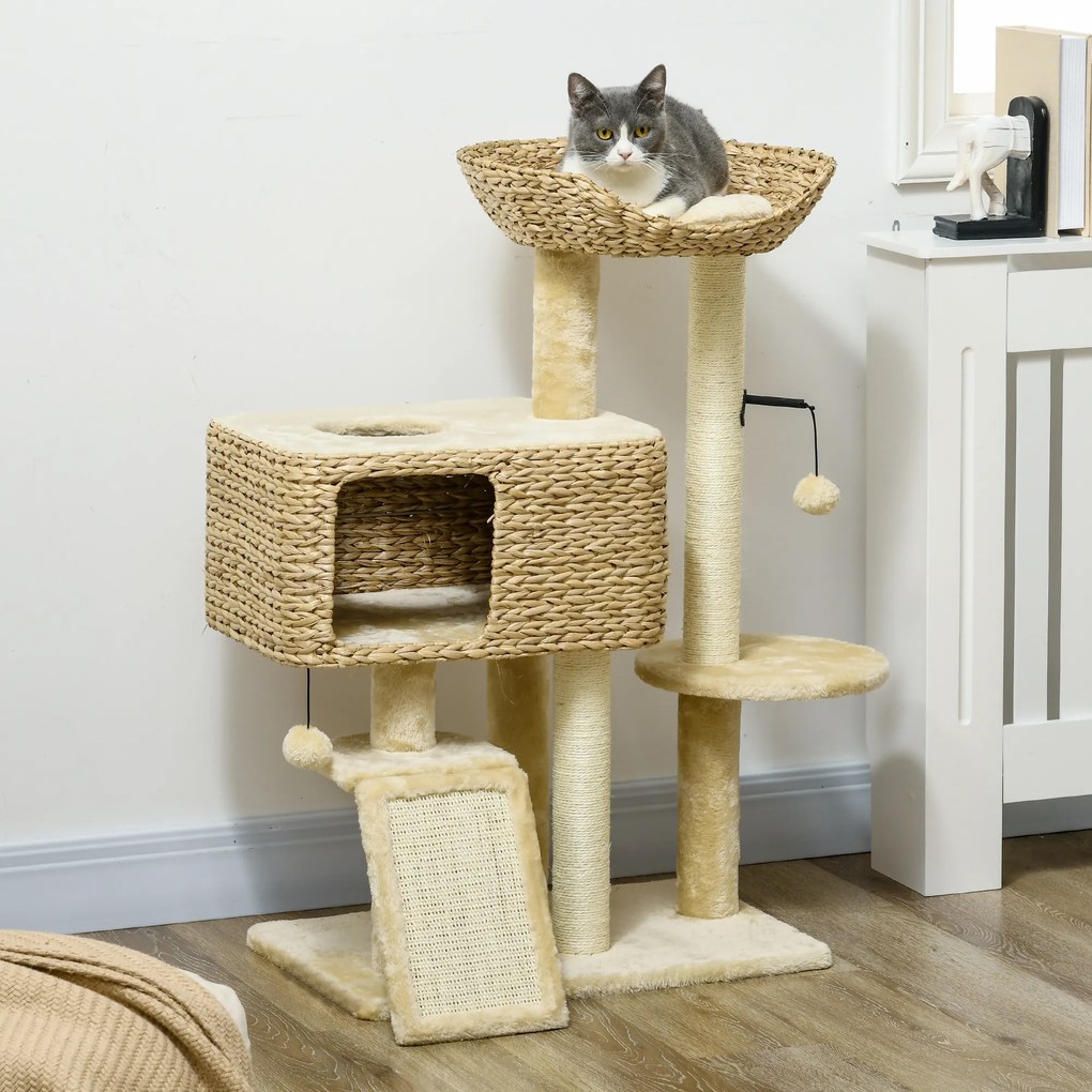Arranhador  para gatos com arranhador, nicho, cesto de observação, plataformas e pompons suspensos, 60 x 40 x 98 cm, bege