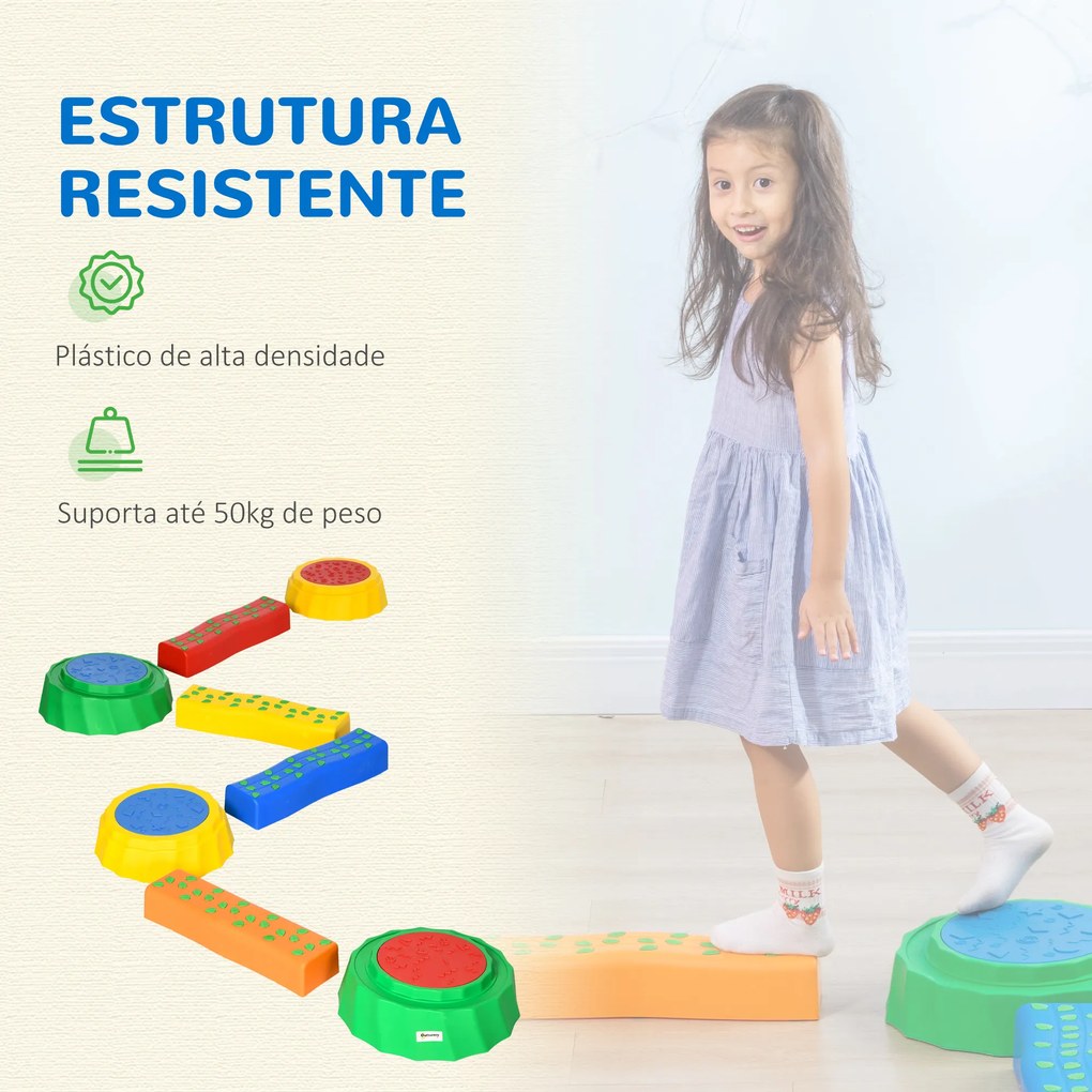 Outsunny Conjunto de 8 Traves de Equilíbrio para Crianças de 3-6 Anos Degraus de Equilíbrio com Almofadas Antiderrapantes para Interior e Exterior Carga Máxima 50kg 45,5x11,5x8cm Multicor