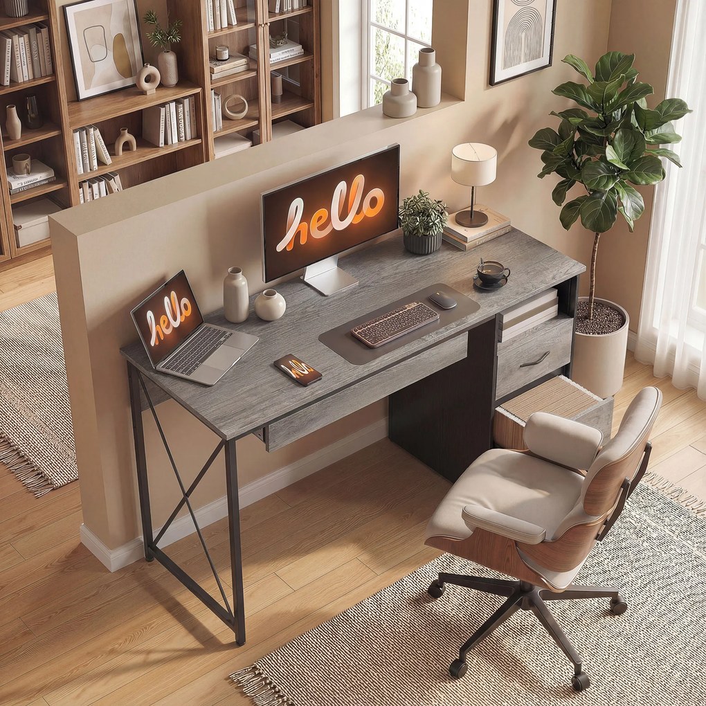 Secretária para computador, 120×50 cm, com espaço de arrumação, suporte para teclado, compartimento aberto e 2 gavetas, cinzenta