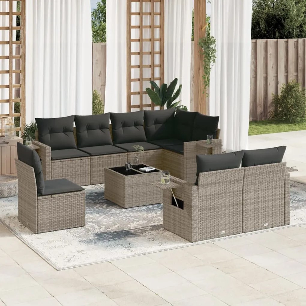 9 pcs conjunto sofás p/ jardim com almofadões vime PE cinzento
