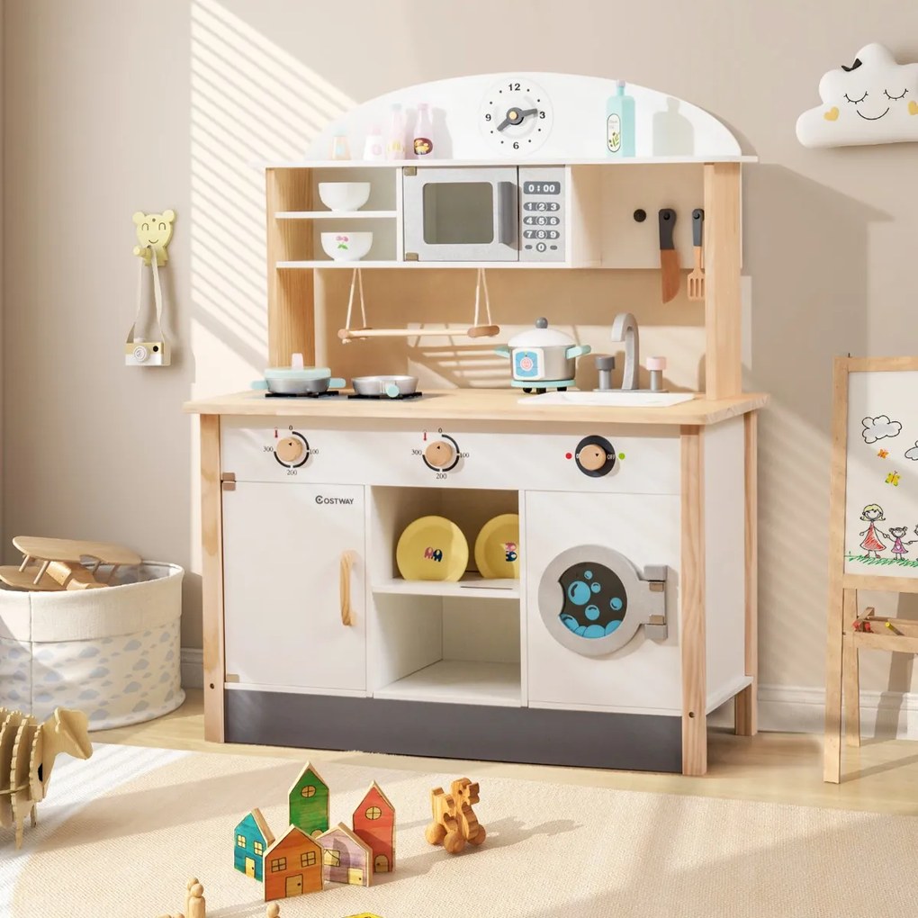 Cozinha de brincar para crianças de 3 anos Cozinha de brincar em madeira com micro-ondas, máquina de lavar roupa, escorredor Simulado 79 x 35 x 98 cm