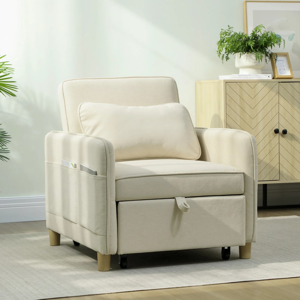 Poltrona-Cama Convertível de 1 Lugar, 85,5 x 74 x 82 cm, Transformação 3 em 1, Bege