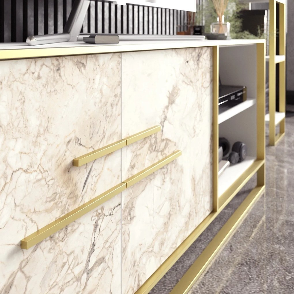 Móvel TV Polka – Dourado e Branco – 160x56,6x38,5 cm