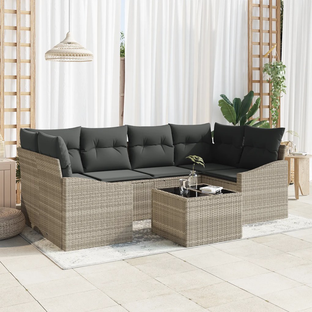 vidaXL Conjunto de Jantar ao Ar Livre com 7 Peças e Almofadas Cinza Claro em Poly Rattan