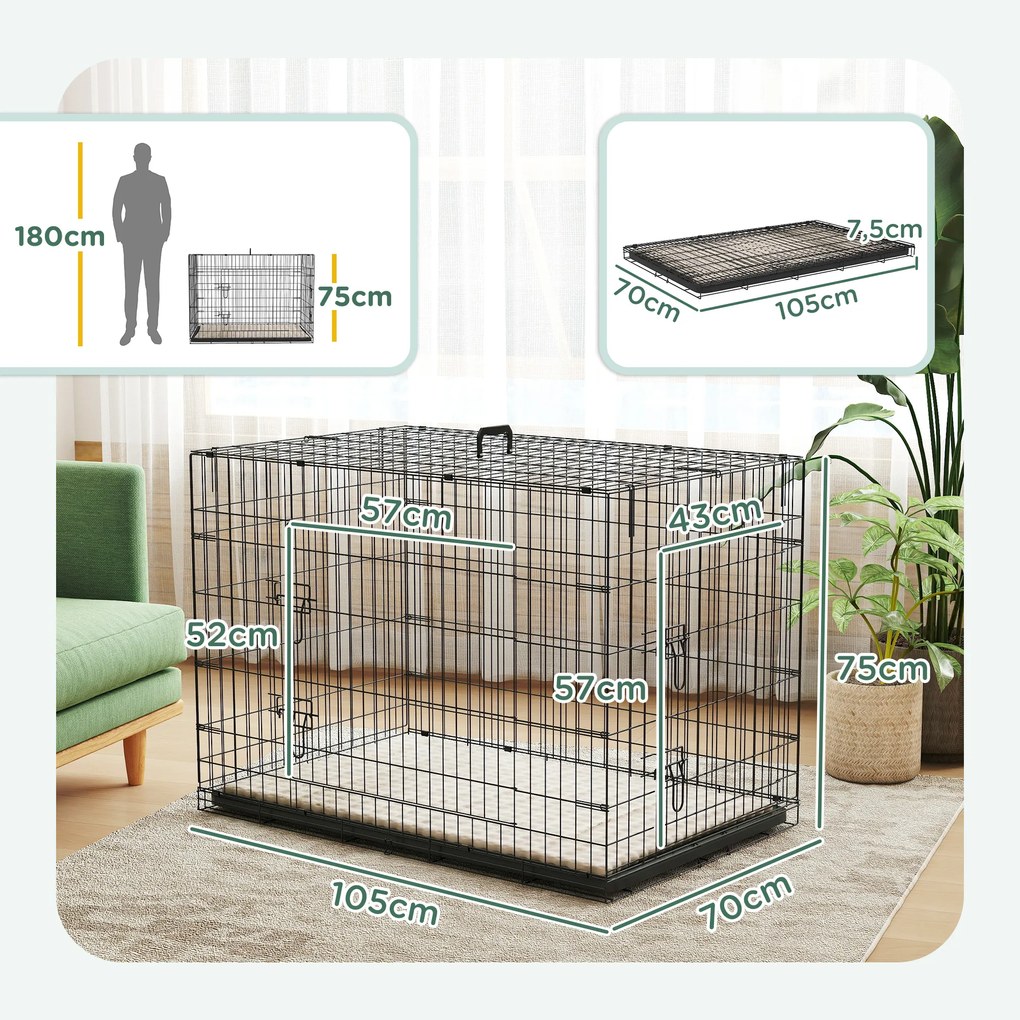 Gaiola de transporte dobrável para cães com pega, tabuleiro removível e almofada incluída – 105 x 70 x 75 cm – preta