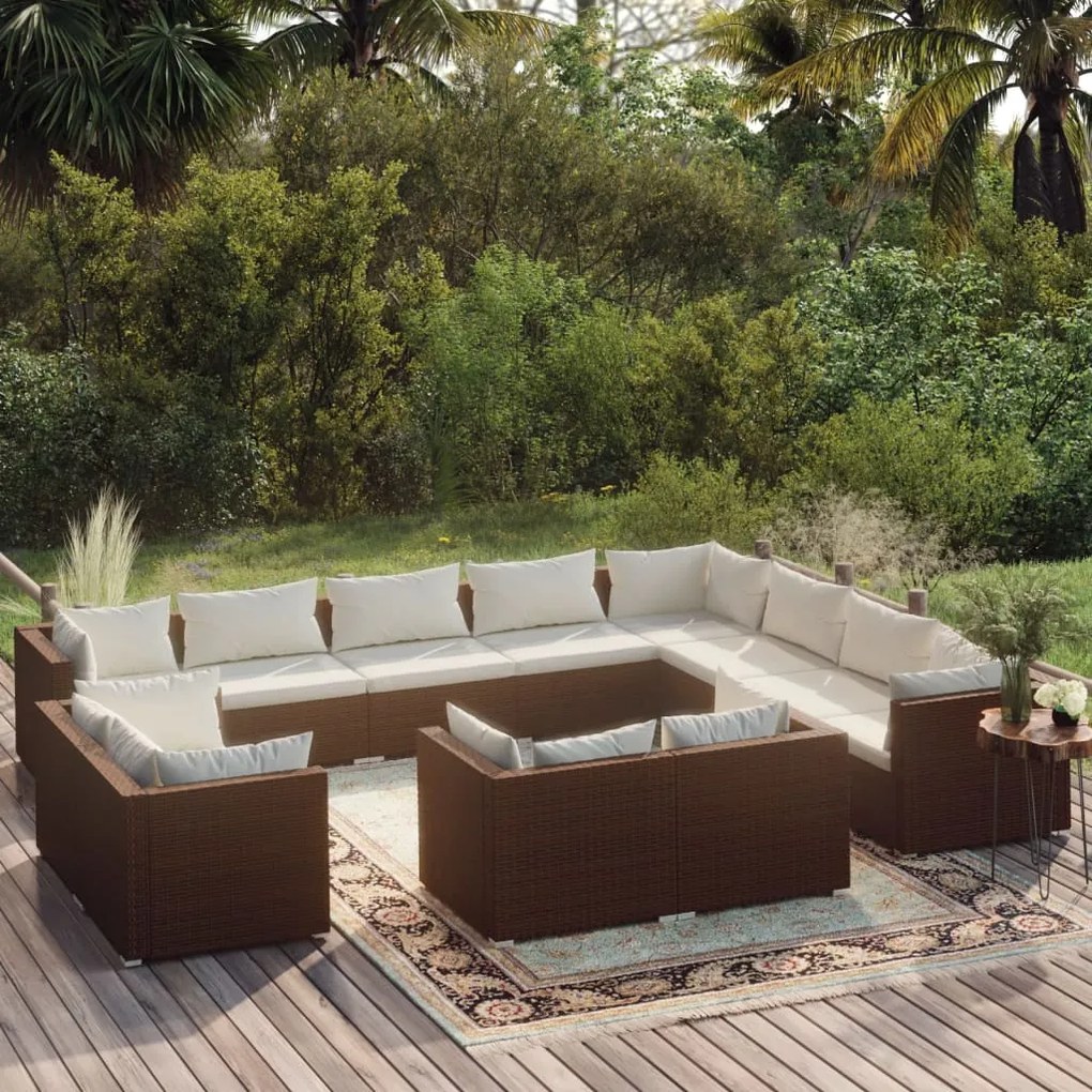 vidaXL 12 pcs conjunto lounge de jardim c/ almofadões vime PE castanho