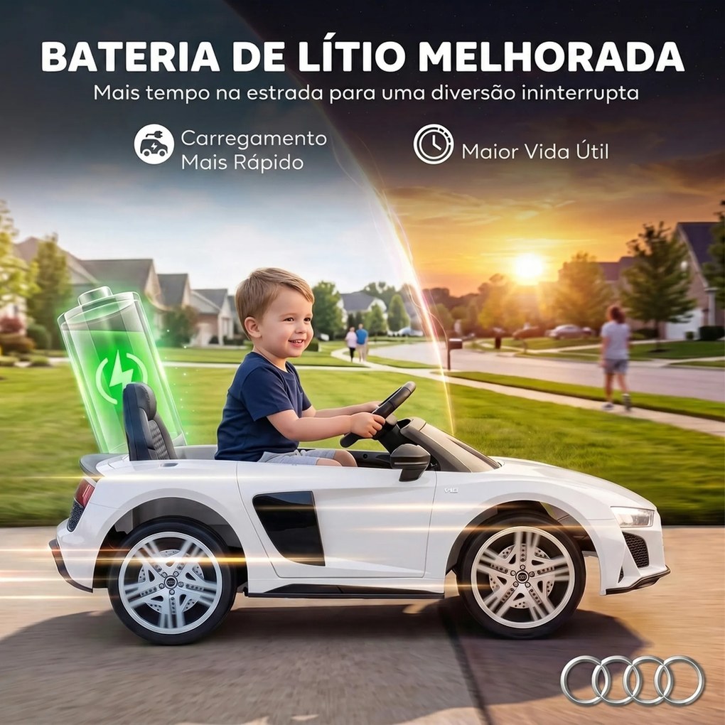 Carro Elétrico Infantil 2 a 5 anos Audi R8 Spider 12 V com Comando 2,4 GHz 2 Motores e Suspensão Traseira Branco