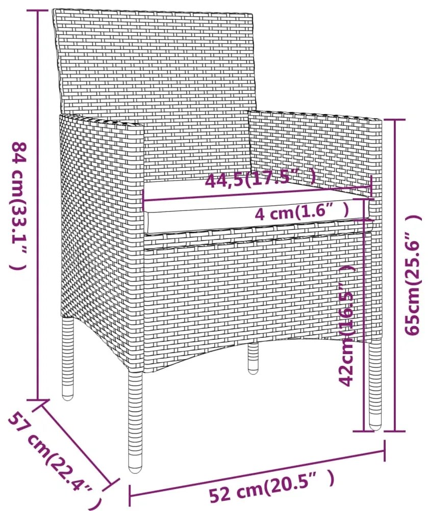 3 pcs conjunto de jantar para jardim vime PE cinzento