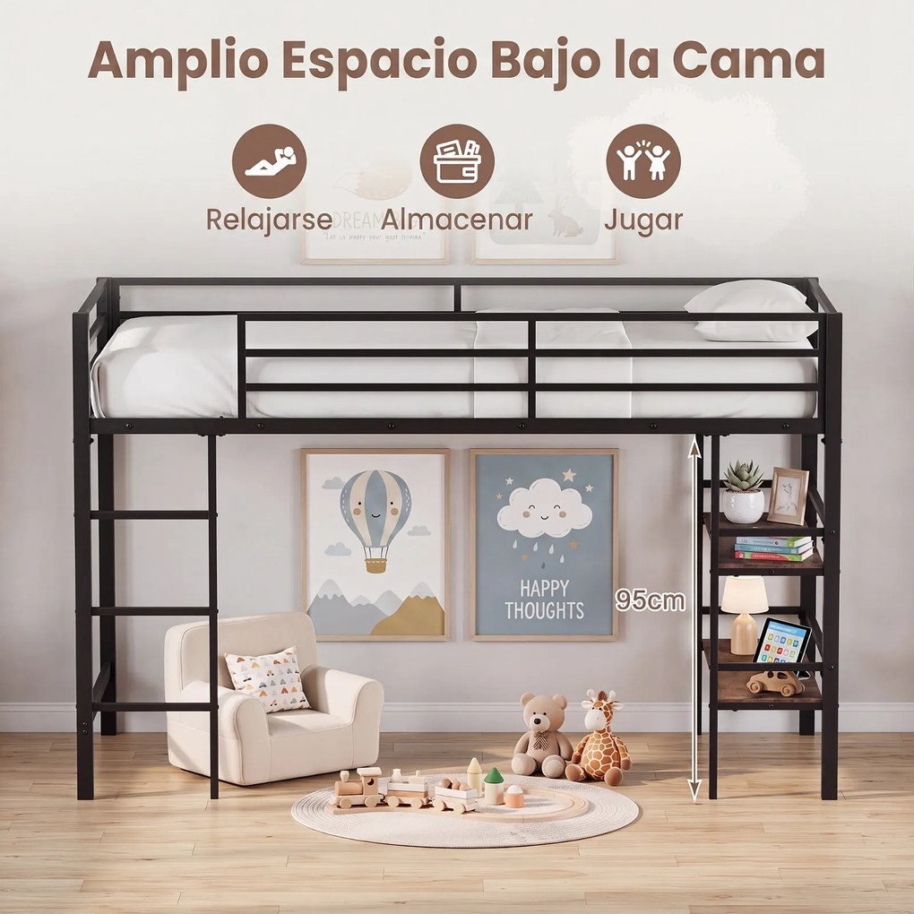 Cama Alta Infantil, 196 x 96 x 126 cm (COLCHÃO NÃO INCLUIDO), Estrutura Metálica Robusta, Castanho