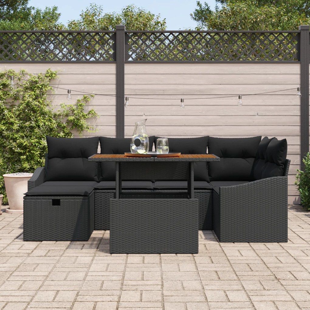 Conjunto de Sofás de Jardim de 7 Peças com Almofadas Preto Rattan Poli