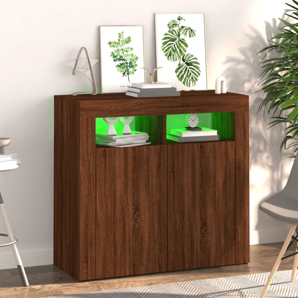 Aparador com luzes LED 80x35x75 cm carvalho castanho