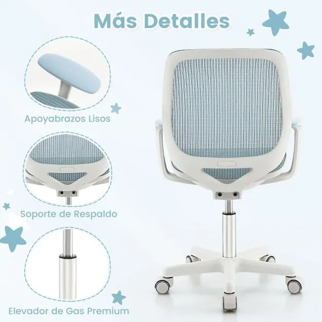 Cadeira giratória para crianças com altura ajustável, rodas com travão e apoios de braços ergonómica azul