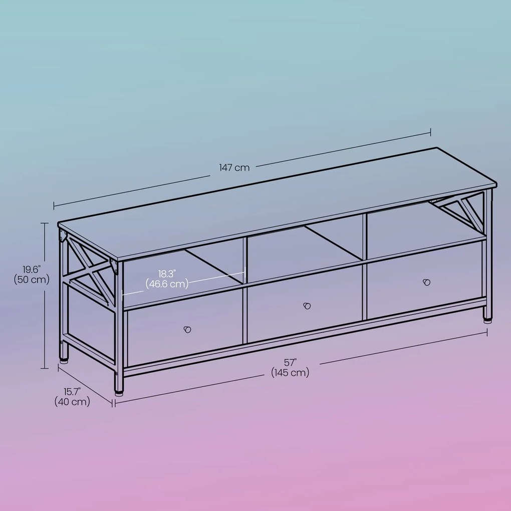 Móvel para TV em estilo industrial com 3 gavetas 147 x 40 x 50 cm (C x L x A) castanho vintage-preto