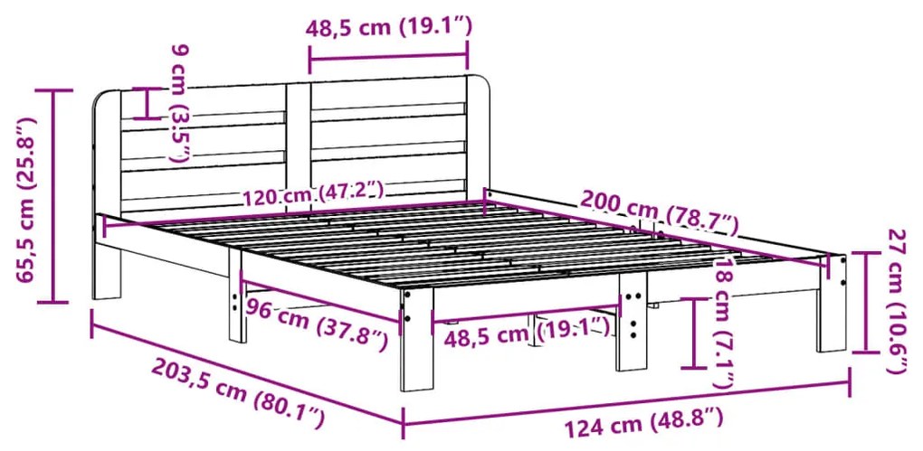 Cama sem colchão 120x200 cm madeira de pinho maciça