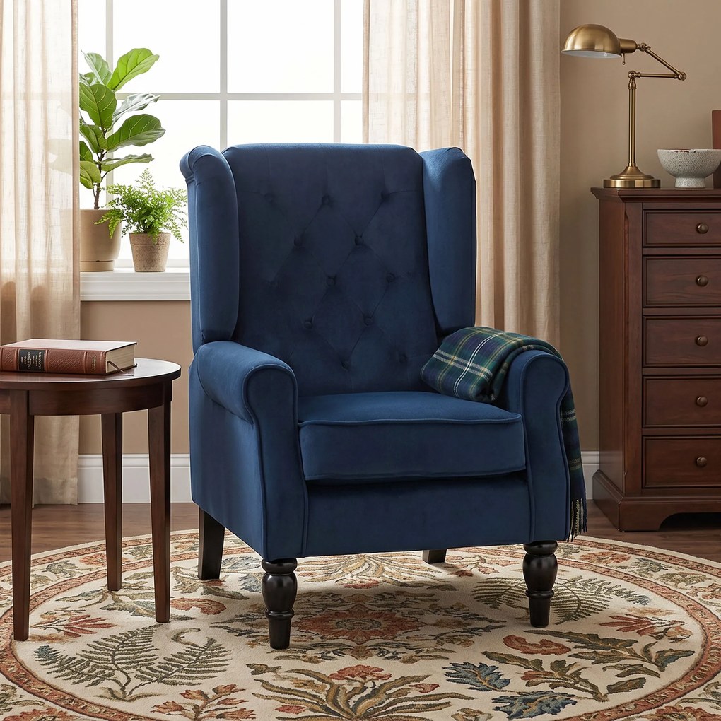 Poltrona de sala estofada com assento largo, pés de madeira, estilo clássico, grande conforto, 74x86x102 cm, azul escuro