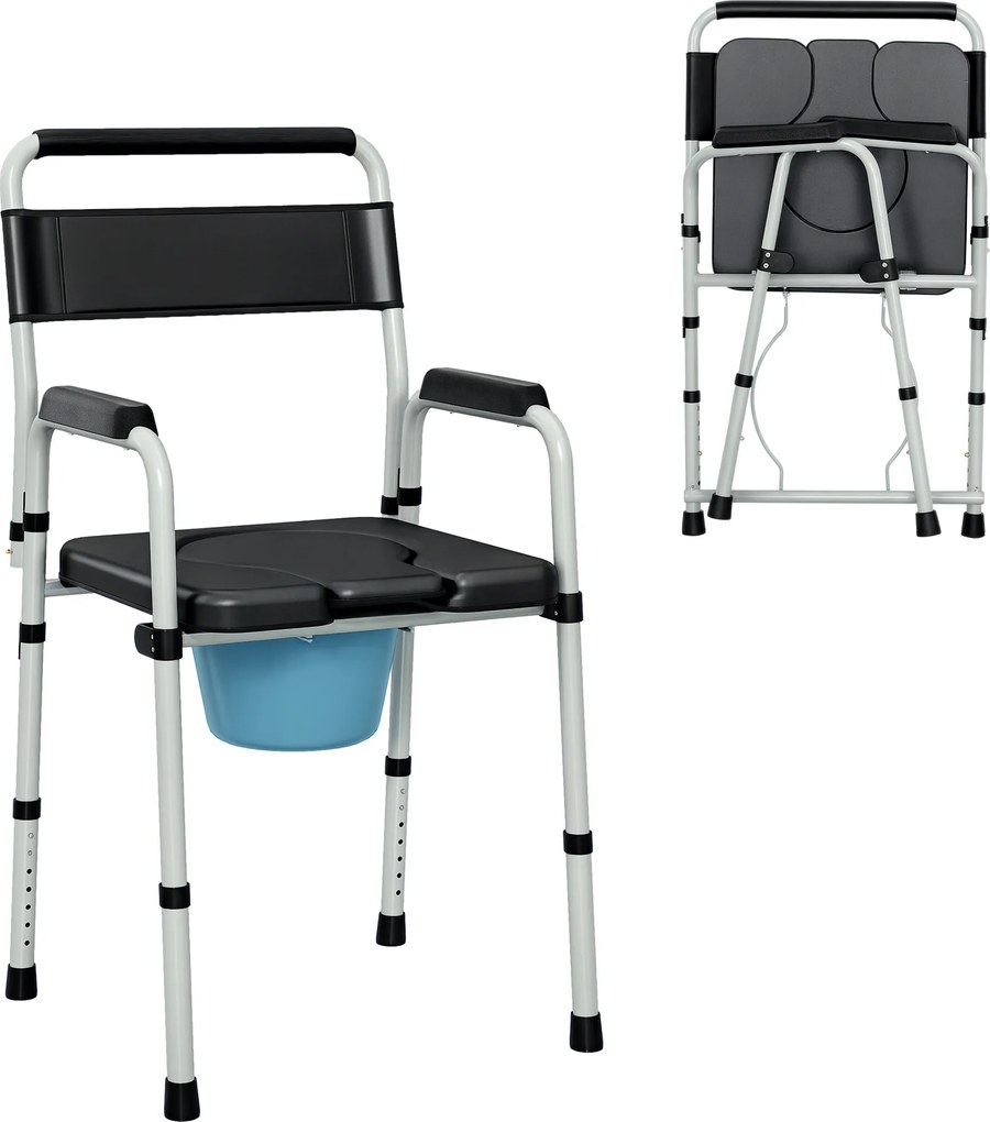 Cadeira sanitária dobrável, antiderrapante e com altura ajustável, assento e braços almofadados, capacidade de 150 kg, preta