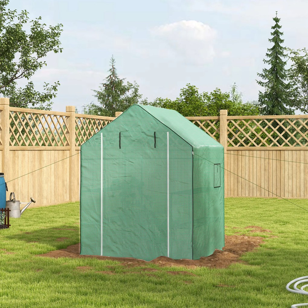 Estufa de jardim 140 x 143 x 190 cm com 1 porta, 1 janela e prateleiras de 3 níveis para legumes, plantas e flores; cobertura em PE Verde