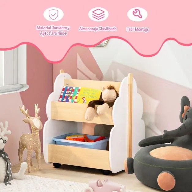 Estante de madeira para crianças com rodas Estante de brinquedos multifuncional de 2 níveis Organizador de livros 52 x 46 x 62,5 cm Branco