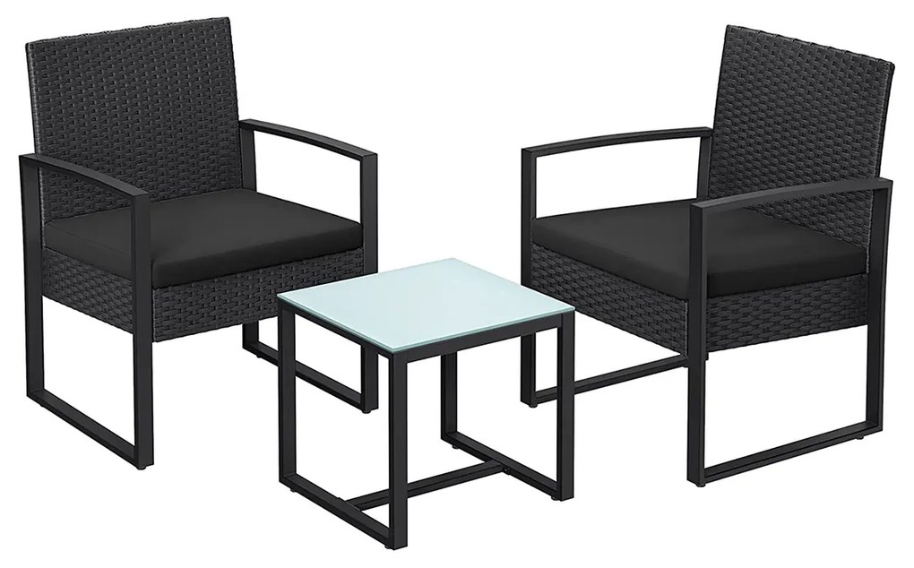Conjunto de mobiliário para varanda em polirattan PE com mesa e 2 cadeiras. | SONGMICS | 59 x 57,5 x 76 cm | preto | GGF010B05.
