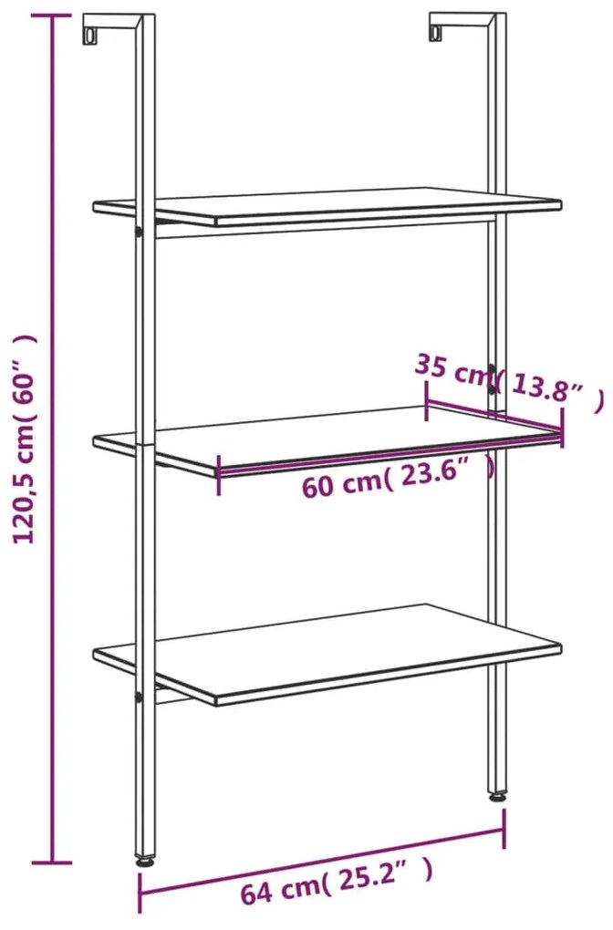 Unidade 3 prateleiras inclinada 64x35x120,5 cm preto